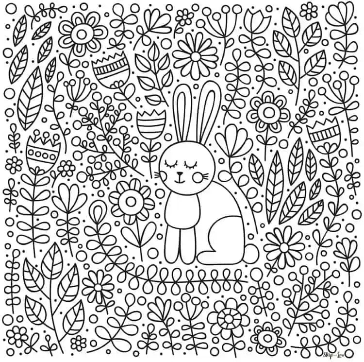 Cute bunny with flowers colouring page