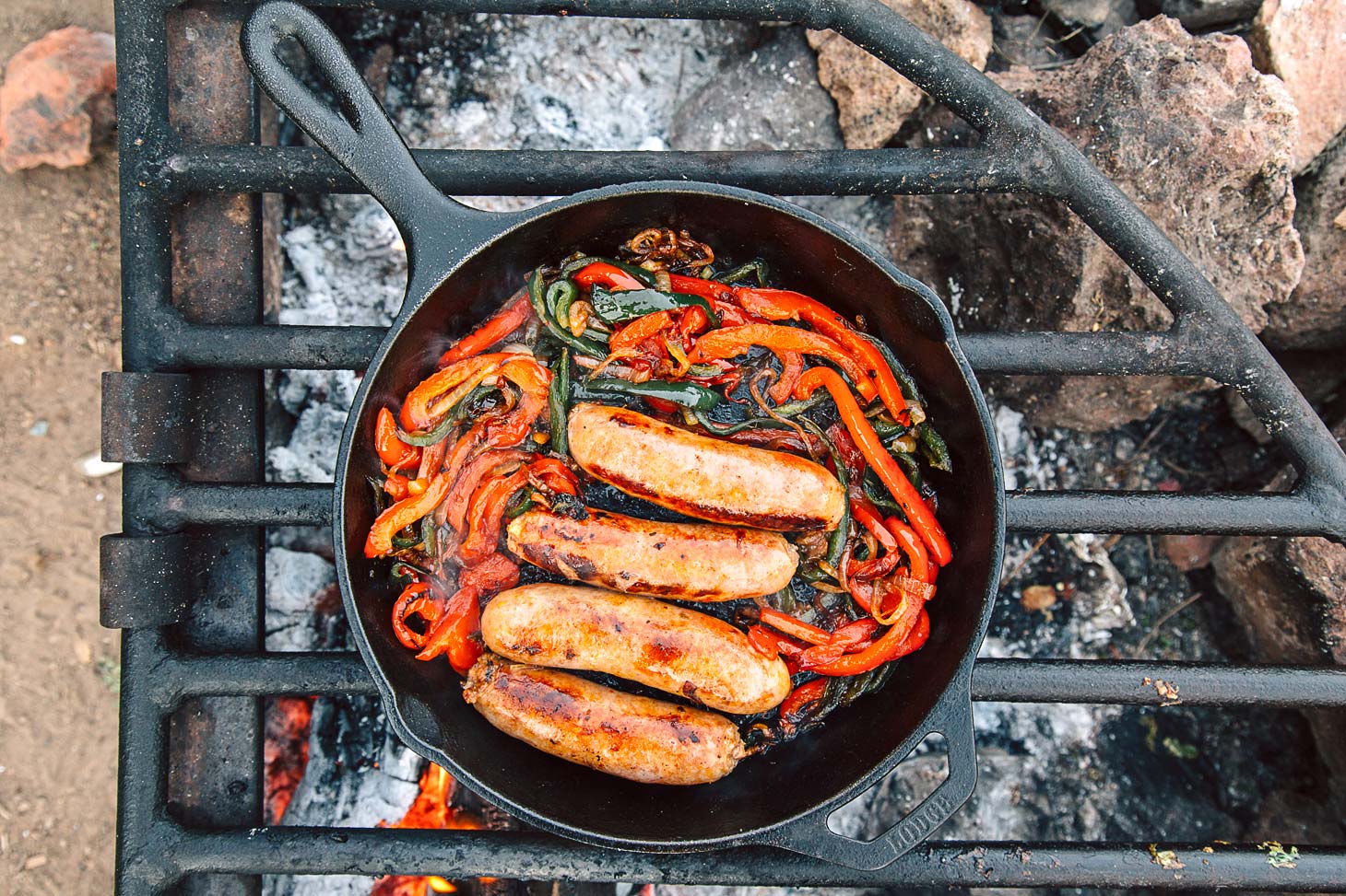 Brats with onions and peppers