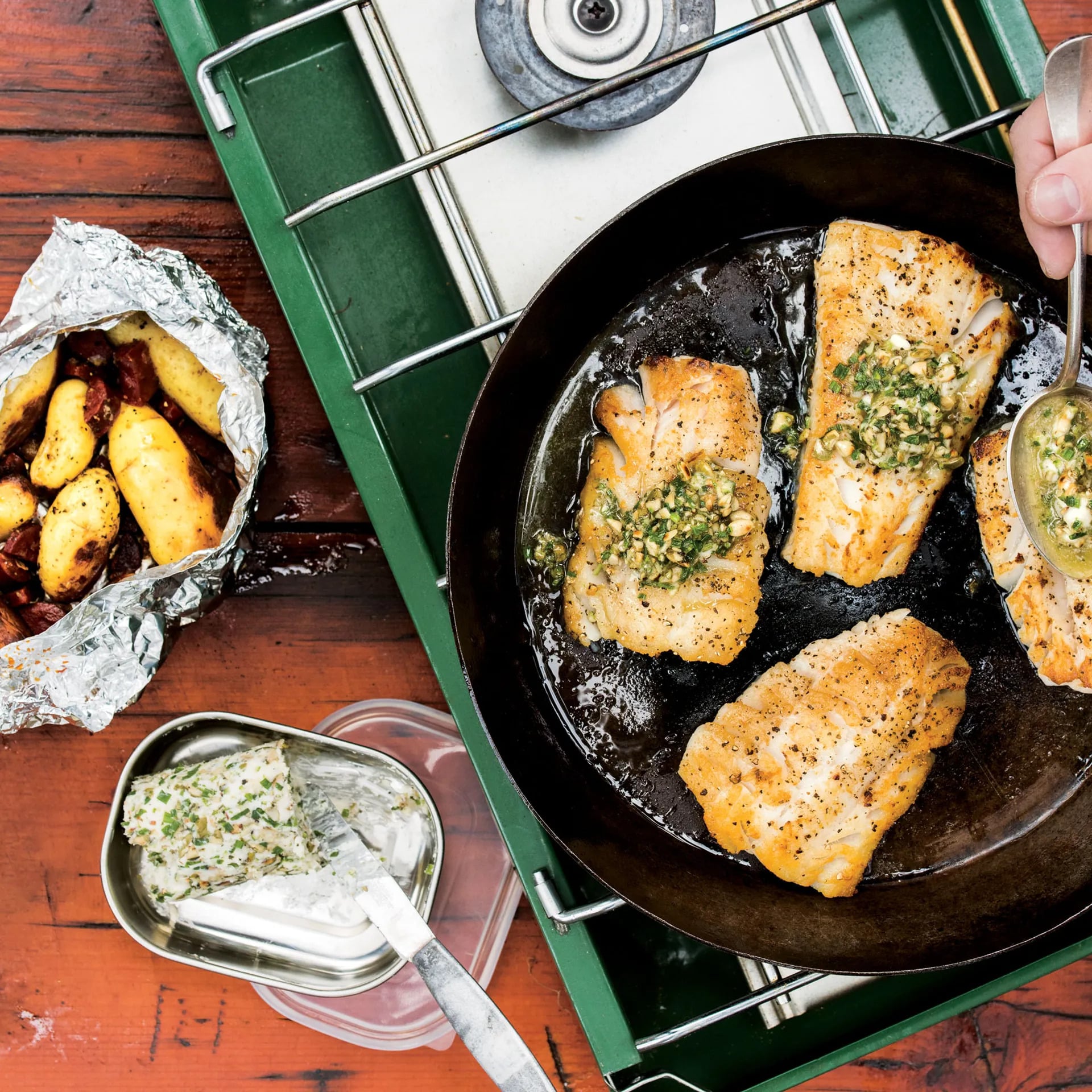 Seared cod with potato and chorizo | Easy meals when camping