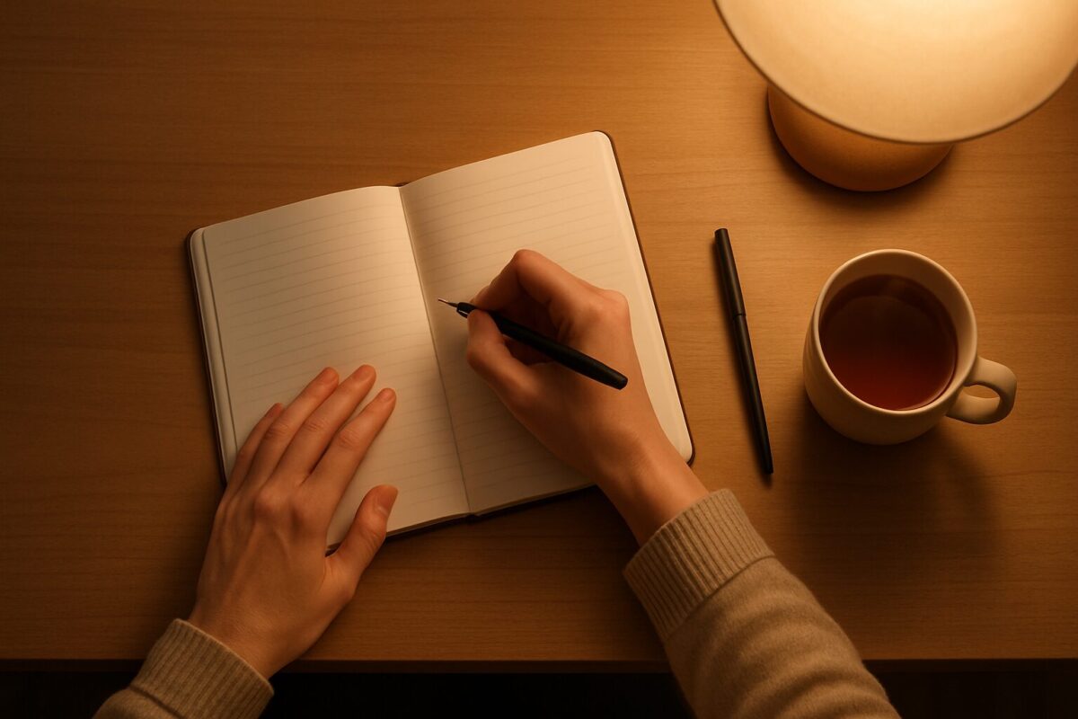 Peaceful evening journaling session with tea under a warm desk lamp. | wellness