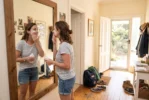 1-single-mum-applying-sunscreen-at-the-hallway-mirror-before-the-school-run - Beanstalk Mums The 7 Sins Of Skincare | Single mum applying sunscreen at the hallway mirror before the school run