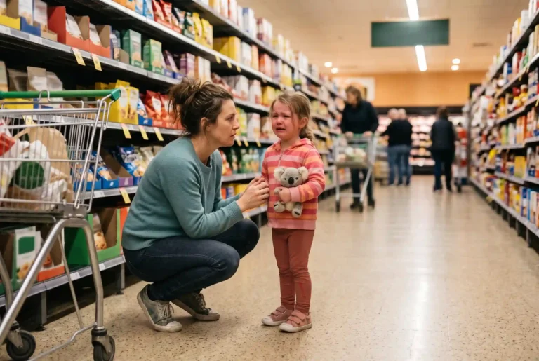 single mum crouching beside her upset child in a supermarket aisle