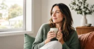 Woman in a green sweater sits on a couch by a sunlit window, holding a mug and gazing thoughtfully outside while relaxing at home.