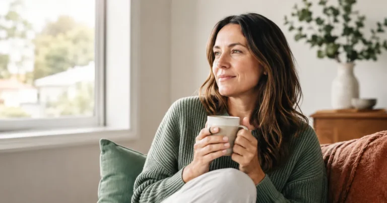 Mentel health test post - Beanstalk Mums Woman in a green sweater sits on a couch by a sunlit window, holding a mug and gazing thoughtfully outside while relaxing at home.