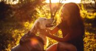 Girl gently pets a golden retriever in a sunlit field at sunset, both enjoying the moment in warm evening light.