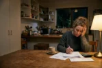 Single mother at the kitchen table at night working through paperwork