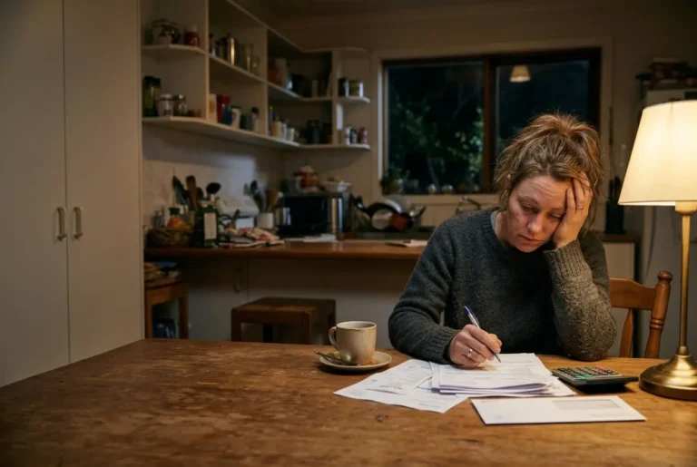 Single mother at the kitchen table at night working through paperwork