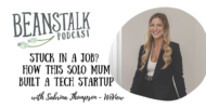 Beanstalk Podcast banner with episode title about a solo mom building a tech startup; portrait of Sabrina Thompson in a circular frame on the right.