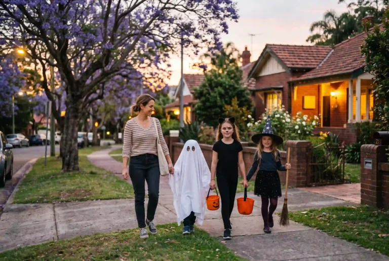 Single mum and three kids in homemade costumes walking a suburban footpath at dusk to celebrate Halloween in Australia