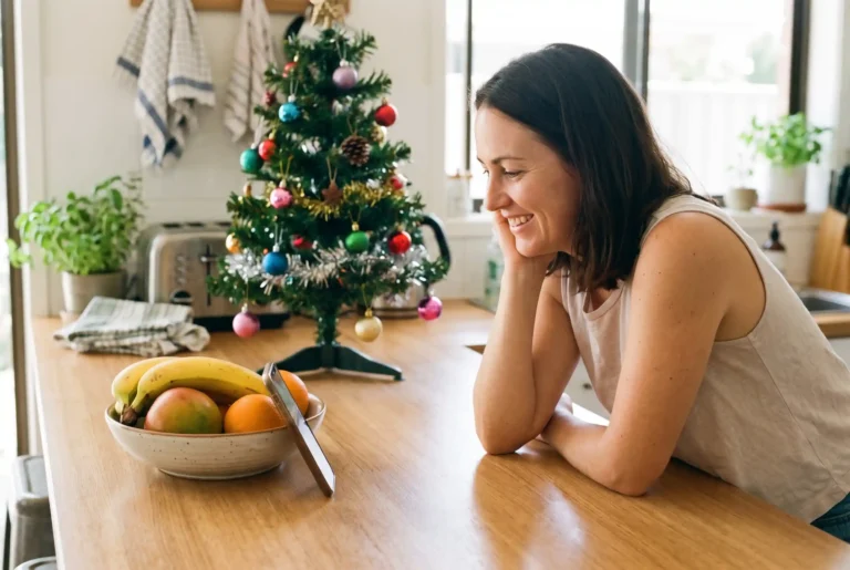 1-christmas-day-video-call-kids-away - Beanstalk Mums Single mum smiling during a Christmas Day video call with her kids at their other parent’s home
