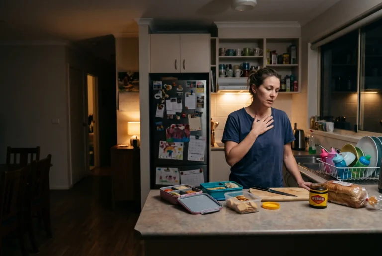 single mum with menstrual heartburn resting a hand on her chest at the kitchen bench at night